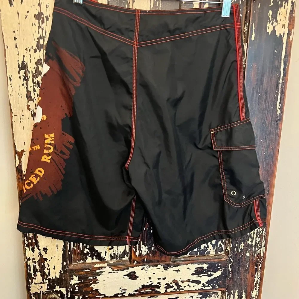 Captain Morgan Swim Trunks Mens 30 Black Orange Graphic Print Board Shrots Cargo